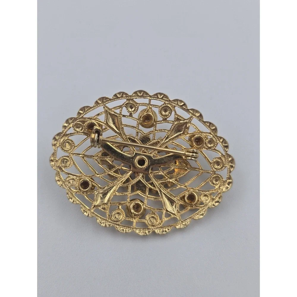 Vintage Gold Tone Filigree Oval Brooch Pin Light Dark Purple Rhinestones Estate